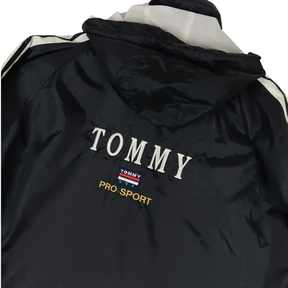 Vintage Tommy Hilfiger Windbreaker Mens XL Black Striped Pro Sport Embroidered